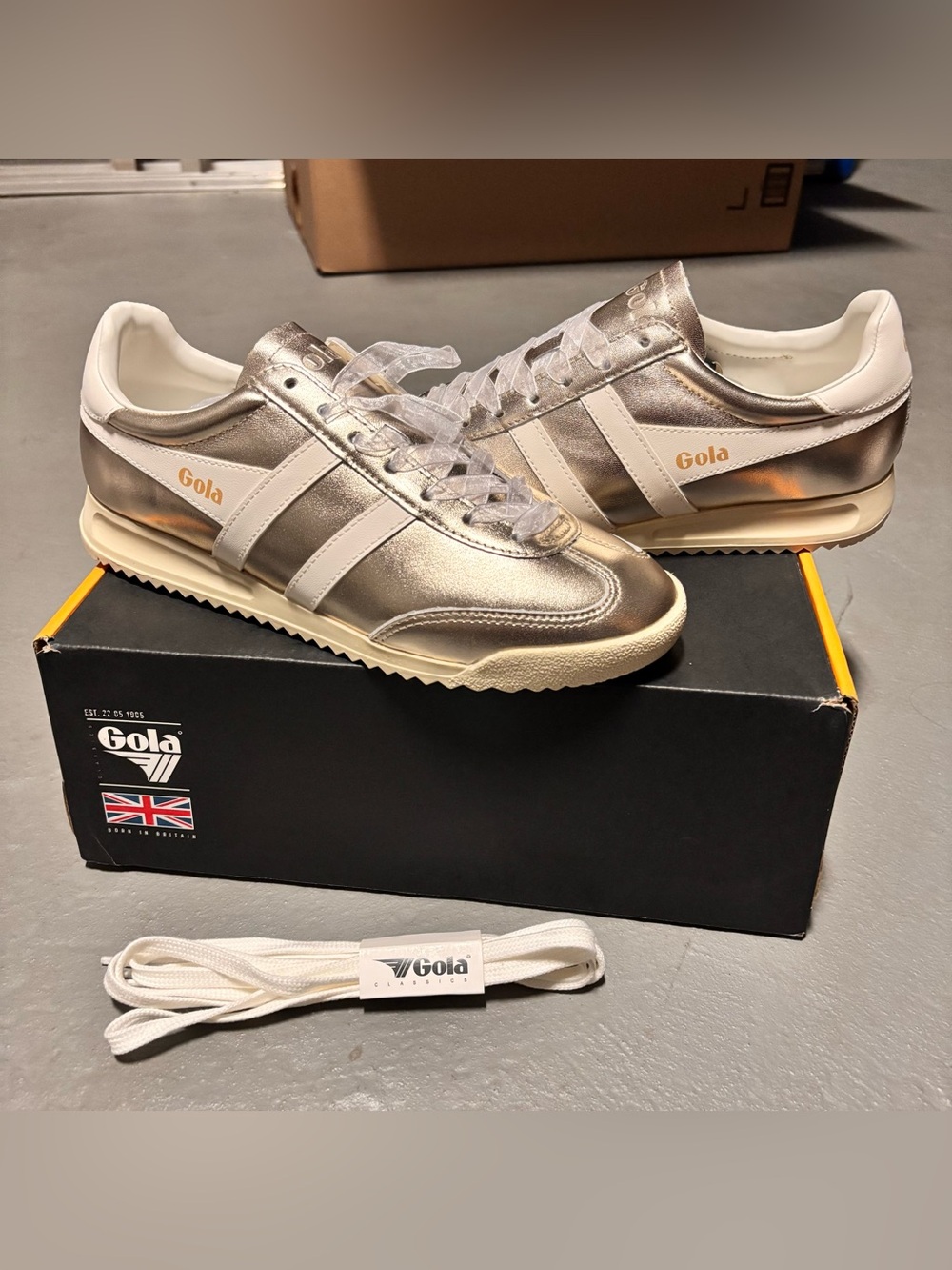Gola Firefly Metallic Sneakers Gold Off White Shoes Suede Extra Laces Womens 8